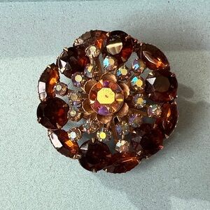 Vintage Czech Amber and AB Crystal Rhinestone Brooch circa 1950’s inspired?
